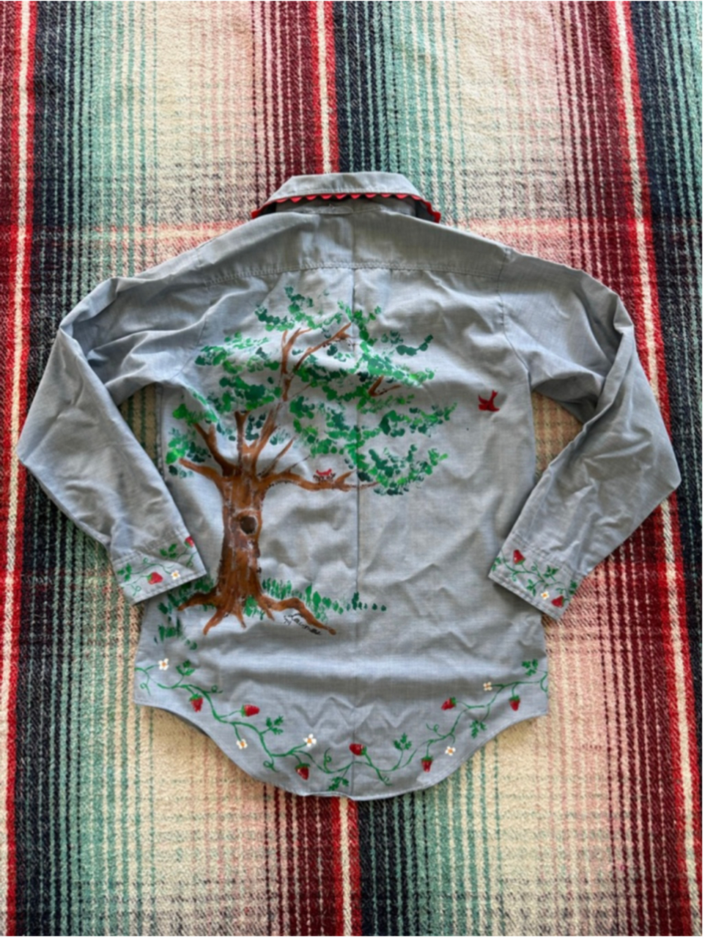 70s BIG MAC Hand Painted Chambray Shirt with Red Trim M - Picture 2 of 7